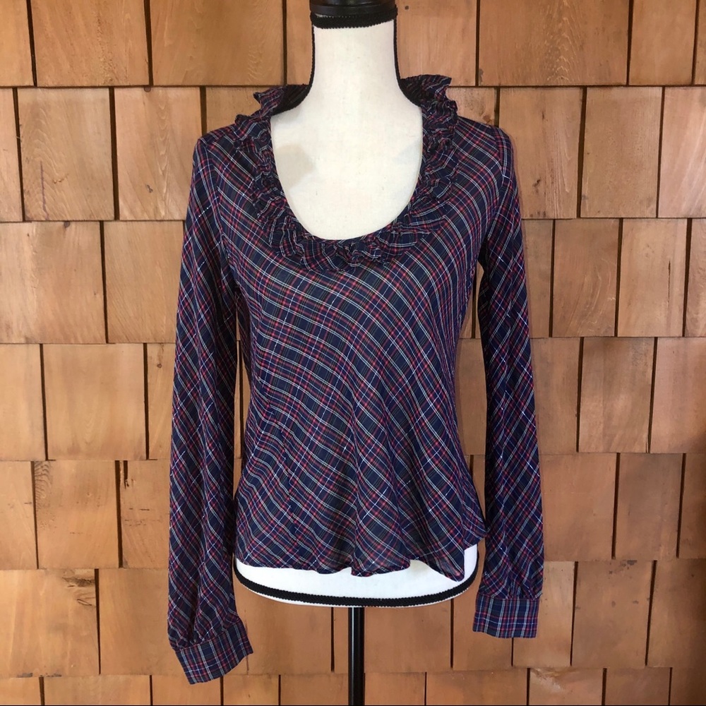 J Crew plaid scoop neck shirt ruffles holiday